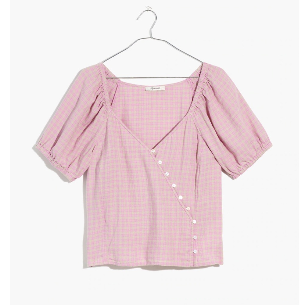 NWOT Madewell linen-blend puff-sleeve button-wrap top in plaid